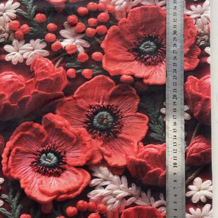 Jersio trikotažas su skaitmenine spauda Aguonos pievoje