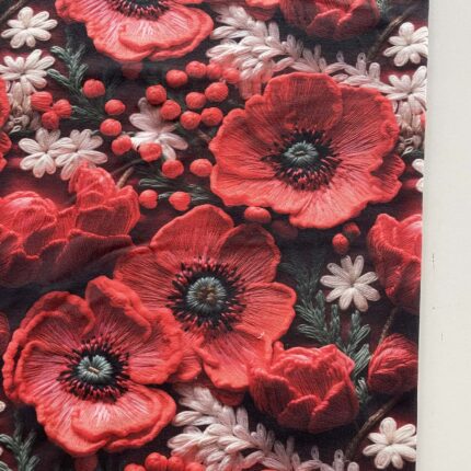 Jersio trikotažas su skaitmenine spauda Aguonos pievoje