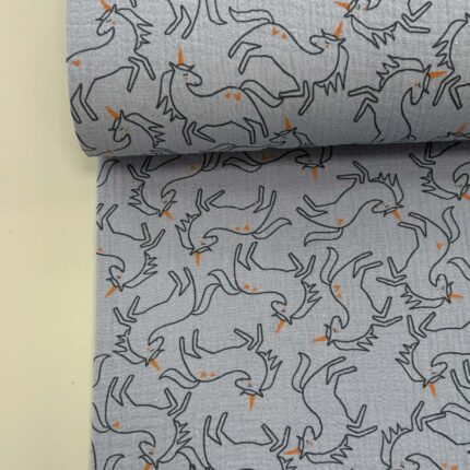 Medvilninis double gauze muslinas Pilki vienaragiai