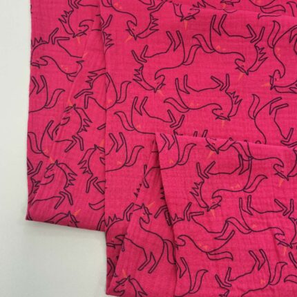 Medvilninis double gauze muslinas Rožiniai vienaragiai